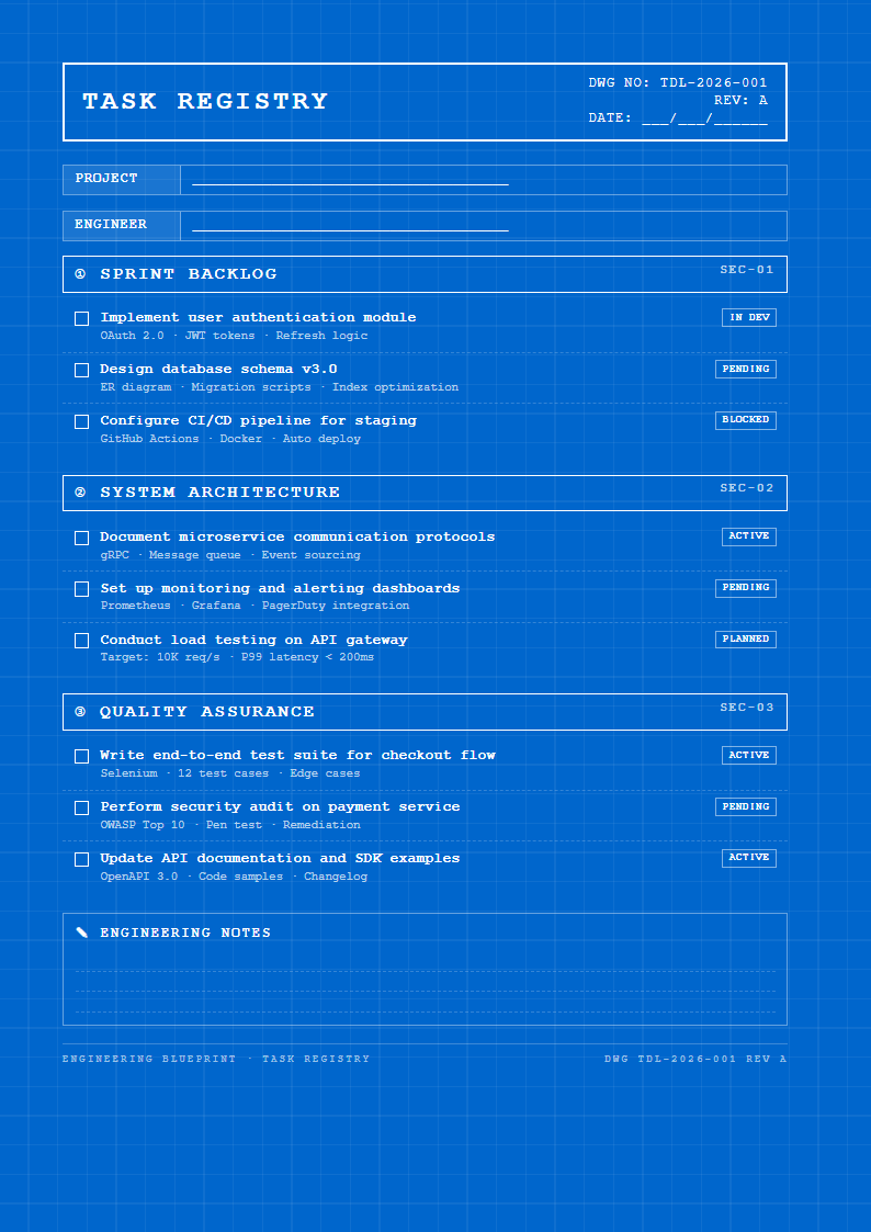 Engineering blueprint to do list with technical grid